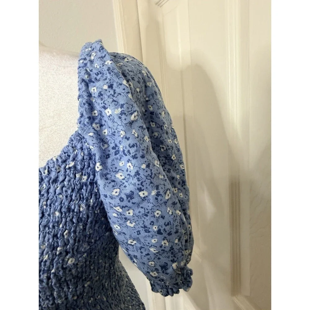 Abercrombie Women Blue Floral Smocked Crop Top Puff Sleeve Size L